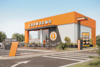 develop drive thru restaurant site plan with car parking layout, car wash render