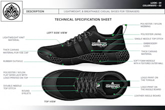 create a detailed shoe spec sheet with measurements and materials