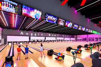 design a bowling center, bowling alley and family entertainment space in 3d