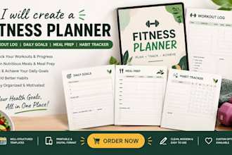 create fitness planner, workout log daily goal meal prep and habit tracker sheet