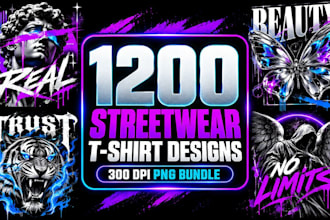 provide 1200 trendy streetwear t shirt design bundles