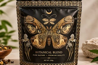 illustrate botanical butterfly artwork for pouch and food packaging design