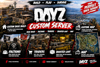 build custom dayz base, dayz server with factions, traders and boosted loot, map