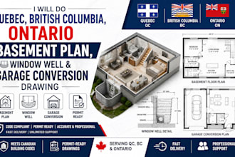 do quebec, ontario basement plan, window well and garage conversion drawing