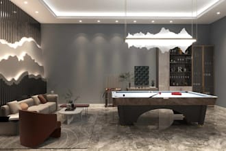 erect 3d billiard room setup,snooker table,minimalist interior rendering,mancave