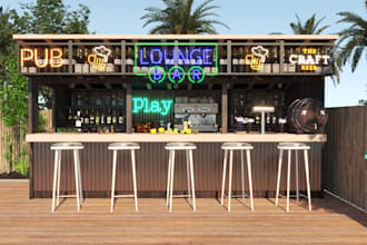 turn existing chicken shelter into outdoor pool bar kiosk, lounge seating render