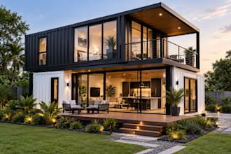 design realistic shipping container home, modular house, restaurants, cafe, shop