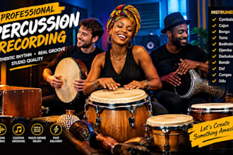 record cymbals, cajon, bongos, toms, djembe, and world percussion