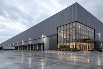create a realistic 3d warehouse exterior renders