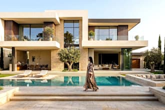 deliver realistic modern villa, rooftop house  exterior render, hardscape design