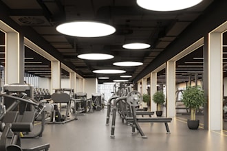 design luxury commercial gym facility, home workout space,3d fitness hall render