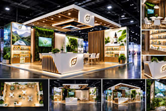 design 3d trade show booth, exhibition stand, backdrop and booth graphics