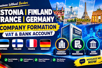 register company, setup vat, open bank account in germany,france,estonia,finland