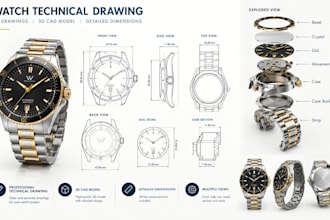 create manufacture watch technical drawings 3d wristwatch and cad models