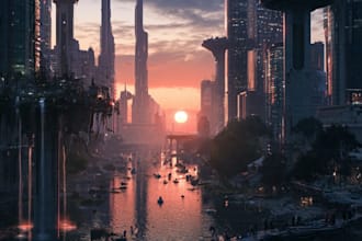 draw sci fi , cyberpunk, fantasy science fiction city