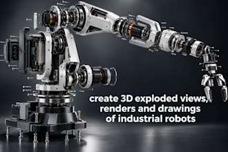 create 3d exploded assembly views, renders and drawings of industrial robots