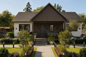 refined country residence in 3d,modern farmhouse ranch,interior basement,pergola