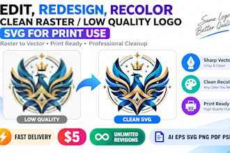 edit, redesign, recolor, clean raster low quality logo svg for print use