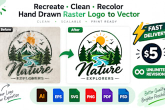 recolor, clean, recreate hand drawn raster logo to vector svg png design