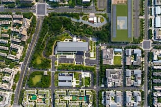 render 3d site plan, masterplan development, aerial view urban landscape, cgi