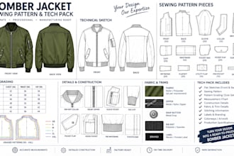 create a sewing pattern for a bomber jacket, oversized leather for manufacturing