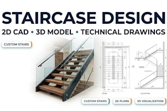 design professional staircase 2d cad drawing and 3d model