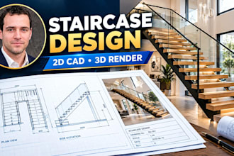 design professional staircase 2d cad drawing and 3d render