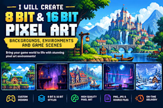 create 8 bit and 16 bit pixel art backgrounds, environments and game scenes