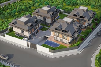 visualize residential complex,city villa exterior,gated community,housing render