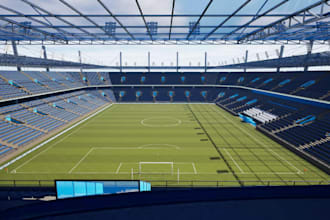 renew 3d soccer stadium, pitch turf,indoor sport facility,arena render,bleachers