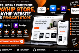 design a professional payhip store, payhip website, or pensight store