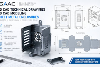 2d cad technical drawing, sheet metal enclosure, 3d cad model for manufacturing