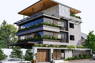 upgrade facade design,3d villa elevation, biophilic apartment, cgi image,3ds max
