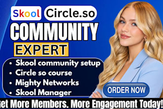 do online skool community promotion, skool setup, community manager, kajabi webs