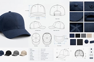 create a professional cap tech pack for manufacturing with technical flat