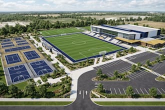 create a 3d sports facility master plan and site layout