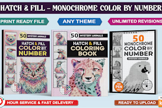 create unique hatch and fill, monochrome color by number books for KDP
