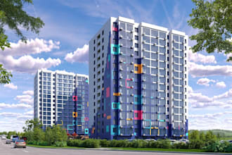 modernize 3d residential apartment, high rise building, kids playground, render