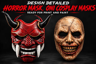 design detailed horror mask, oni cosplay masks ready to print and paint