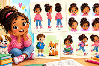 create children book character design, pose and expression sheets