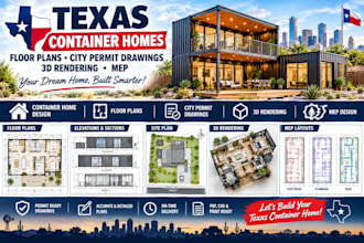 design texas container homes, floor plans, city permit drawings 3d rendering mep
