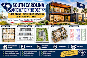 design south carolina container homes, floor plans, city permit drawings 3d plan