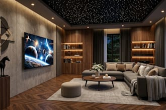 design a photorealistic 3d home theater or cinema room from your idea