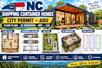 design nc city permit shipping container homes, adu, floor plans, 3d rendering