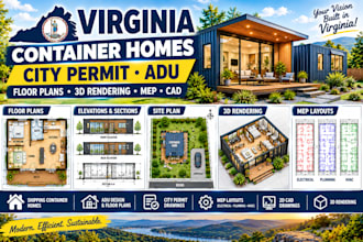 city permit virginia shipping container homes, adu, floor plans, 3d rendering