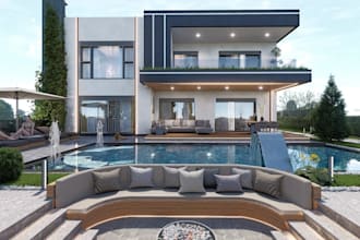 revamp3d modern villa design,luxury pool design for present,simple facade in rvt