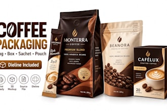 create coffee bag, pouch, sachet, stick pack and box packaging with dieline
