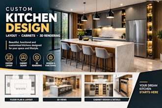 design a custom kitchen layout with cabinets and 3d rendering