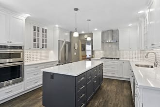 design a custom kitchen layout with cabinets and 3d rendering
