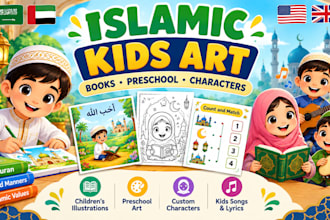 illustrate islamic kids books, preschool art, custom character and write songs